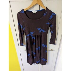 Boden Jersey Round Neck Dress Dark Purple Blue Bird Novelty Print 4L Pockets